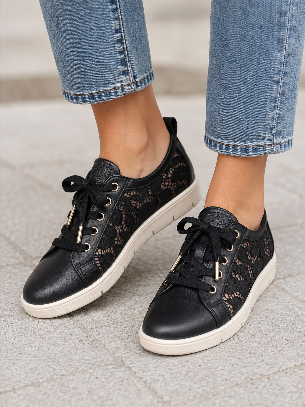 WHBM Women's Black Lace-Overlay Casual Sneakers